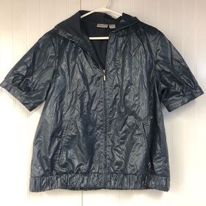 Chico’s Navy Blue Short Sleeve Jacket Full Zip Hooded Size 2 Large
